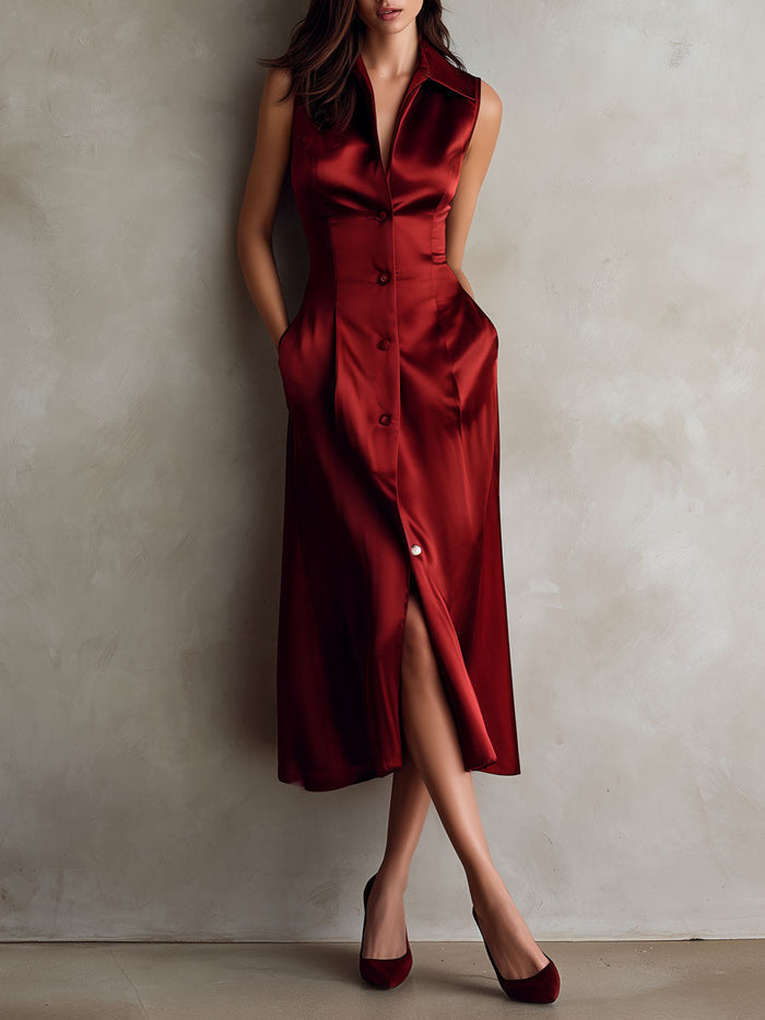 Elegant Burgundy Satin Sleeveless Button-Down Midi Dress