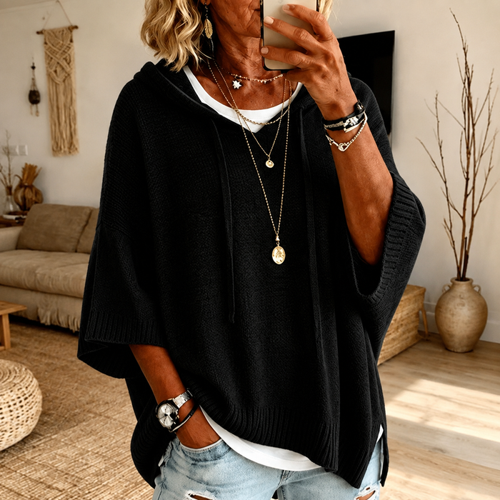 Ellie | Black Hooded Poncho Sweater