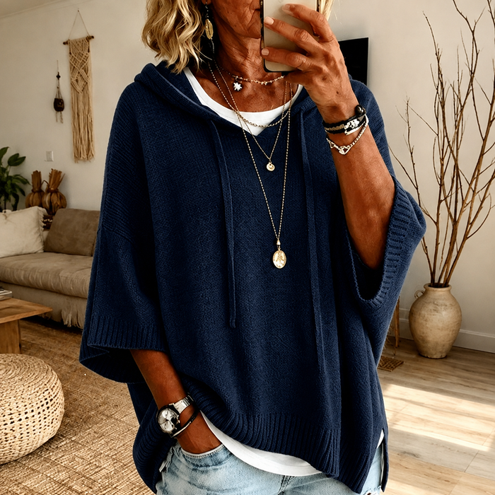 Elaine | Navy Blue Hooded Poncho Sweater