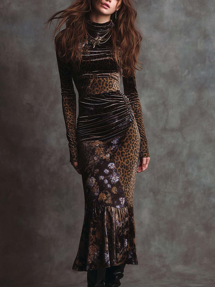 Retro Gothic Leopard Print And Floral Patchwork Velvet Midi Dress