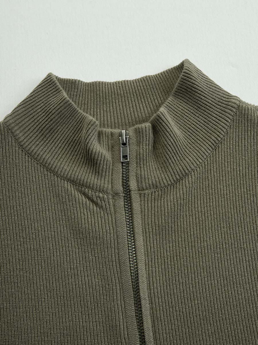 Vintage Zipper Neck Pocket Knit Midi Dress