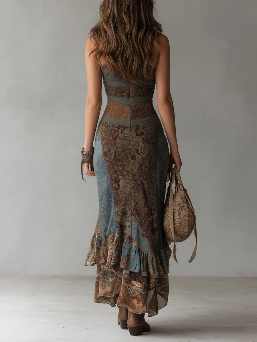Ethnic-Style Printed One-Shoulder Maxi Dress with High Slit