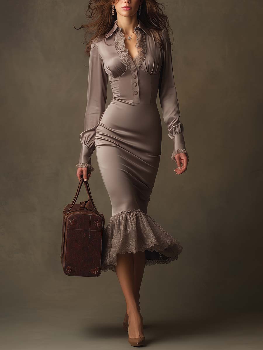 Mushroom Taupe Lace-Trim Ruched Midi Dress