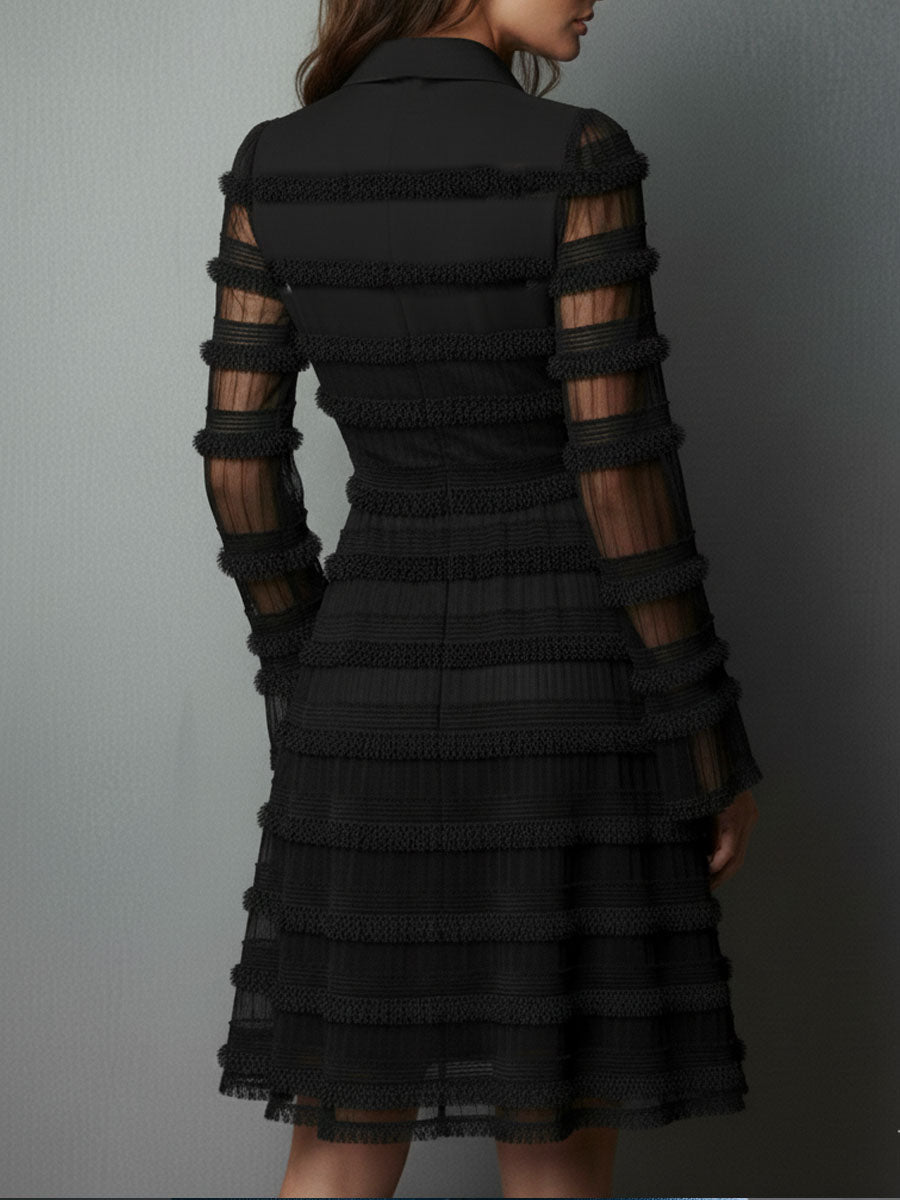 Quiet Luxury Black Fringe Textured Sheer Layered Dress