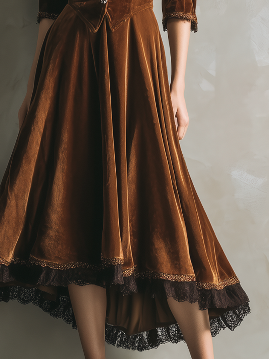 Vintage Three-Quarter Sleeves Lace High-Low Hem Velvet Two Pieces Set