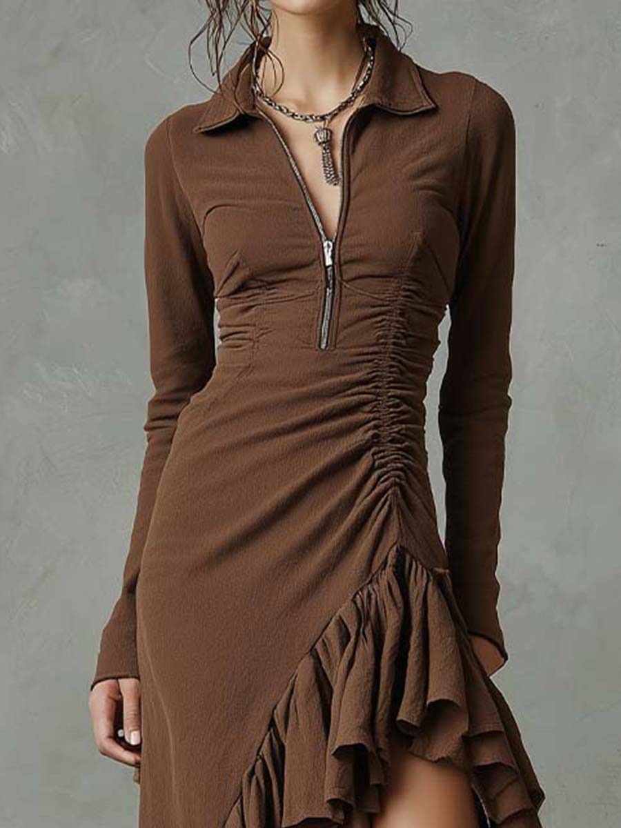 Ruffled High-Low Zip Midi Dress