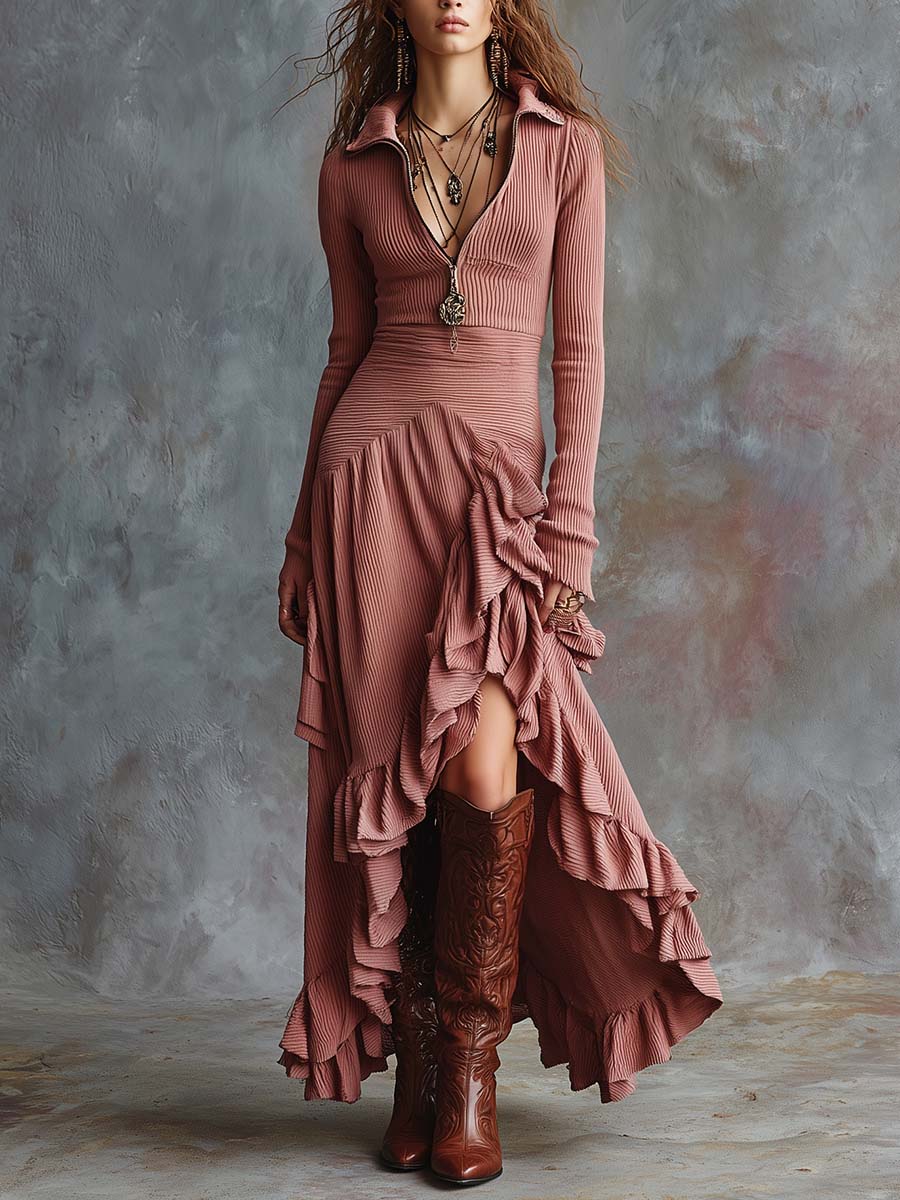 Zipper-Collar Ribbed Asymmetric Ruffle Maxi Dress
