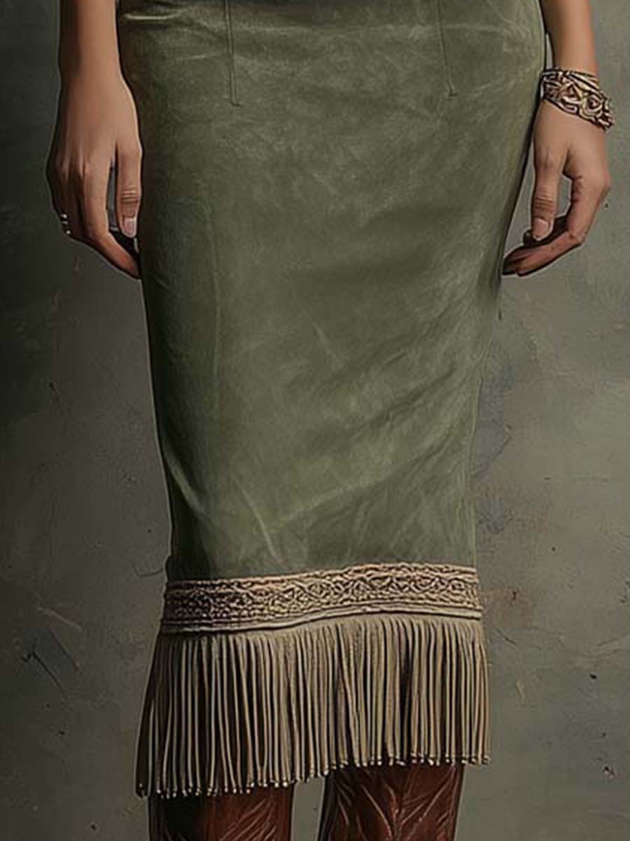 Embroidered Fringe-Hem Sleeveless Midi Dress