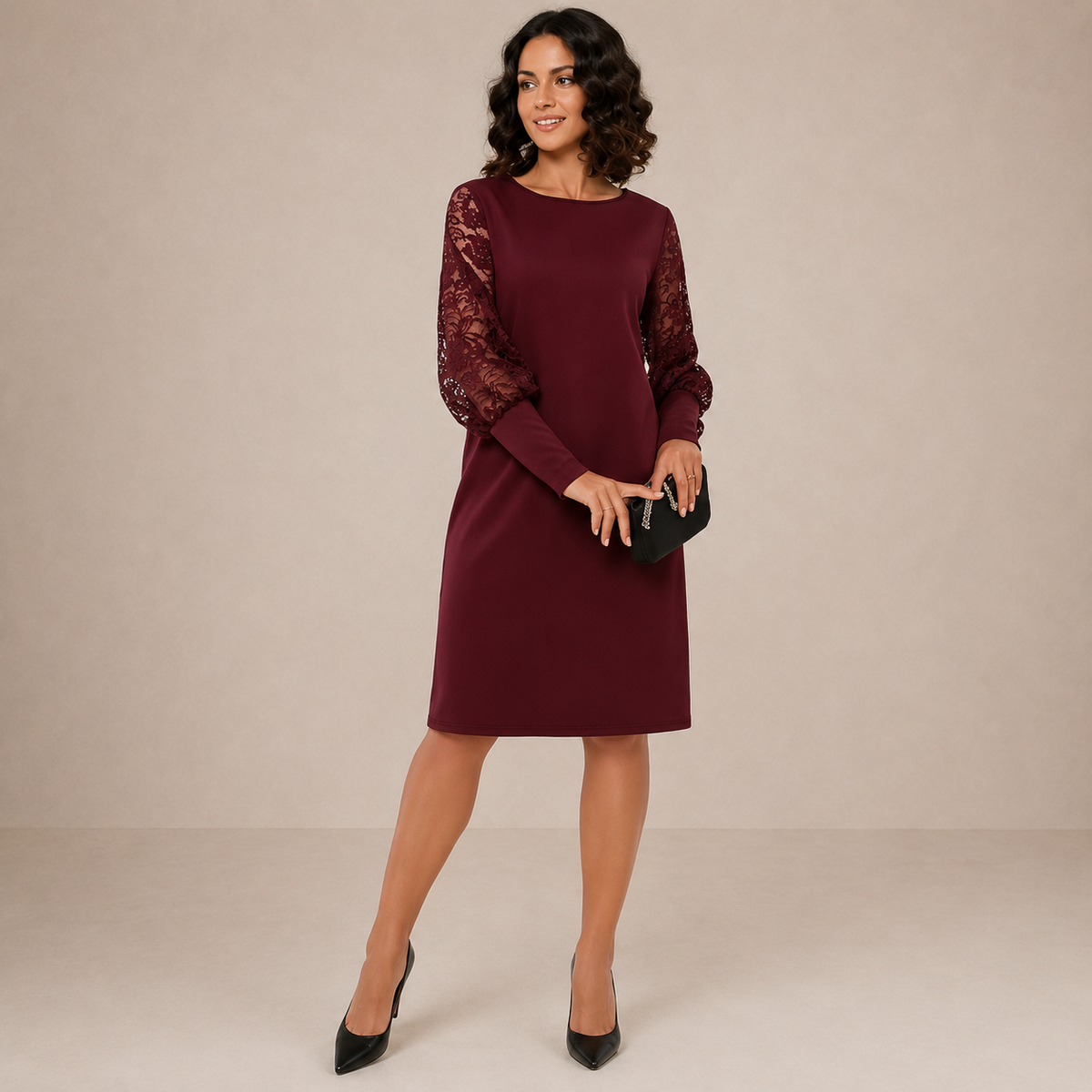 Henrietta | Elegant Lace-Sleeve Midi Dress