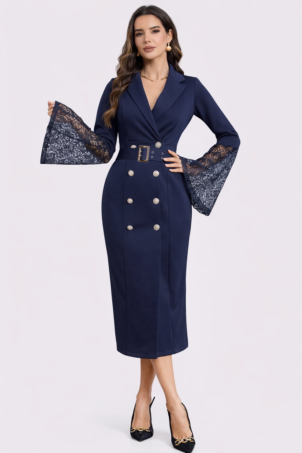 Angelica | Belted Lace-Sleeve Midi Dress