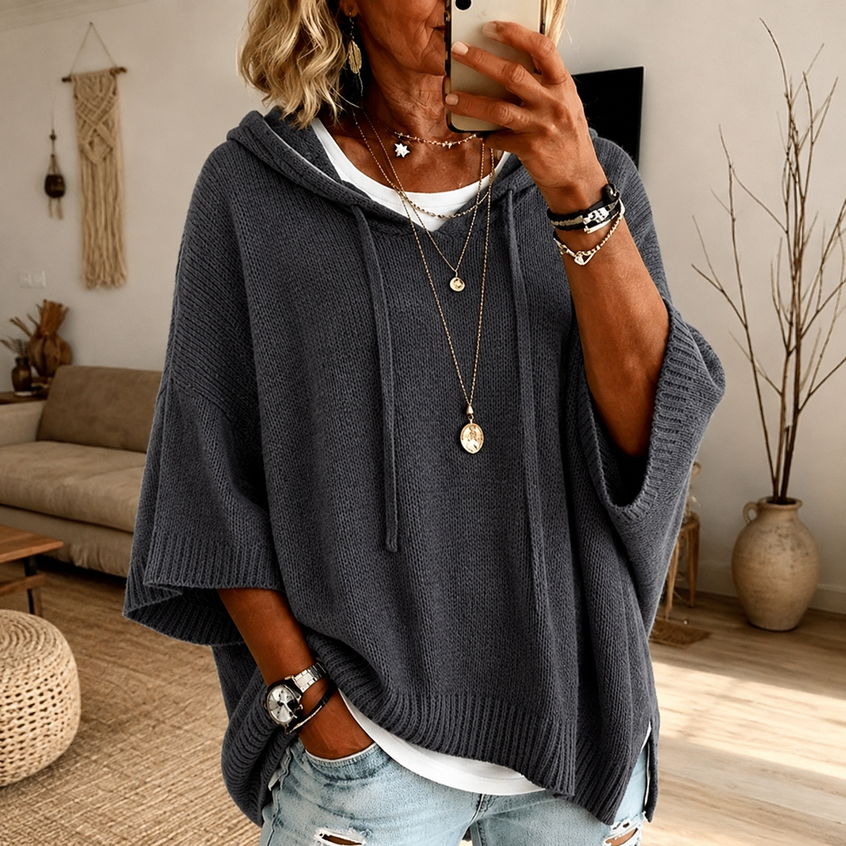 Carla | Charcoal Hooded Poncho Sweater