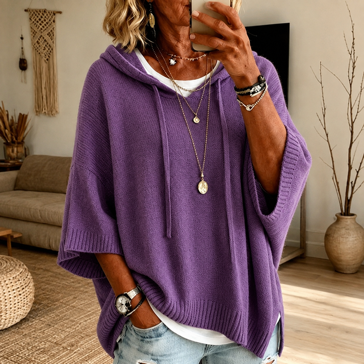 Faye | Purple Hooded Poncho Sweater