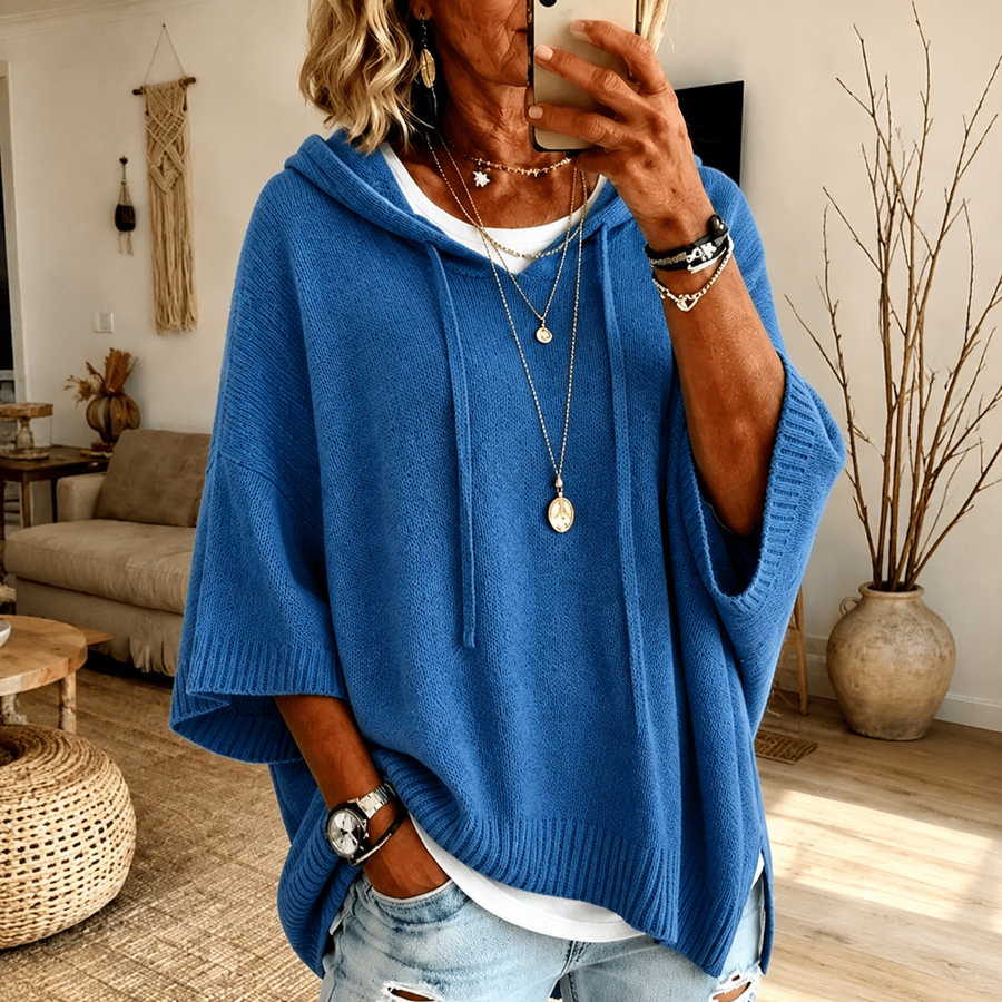 Ivy | Blue Hooded Poncho Sweater