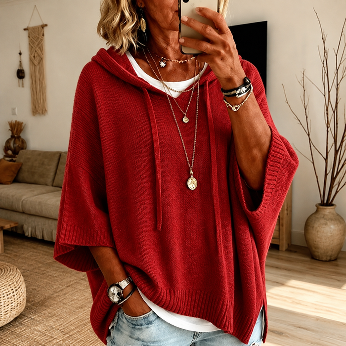 Rita | Red Hooded Poncho Sweater