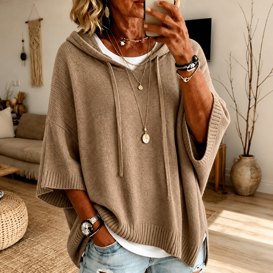 Tessa | Taupe Hooded Poncho Sweater
