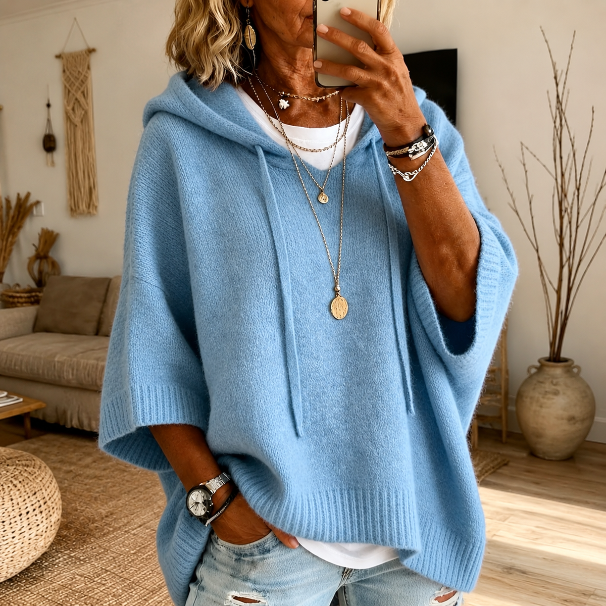 Molly | Sky Blue Hooded Poncho Sweater