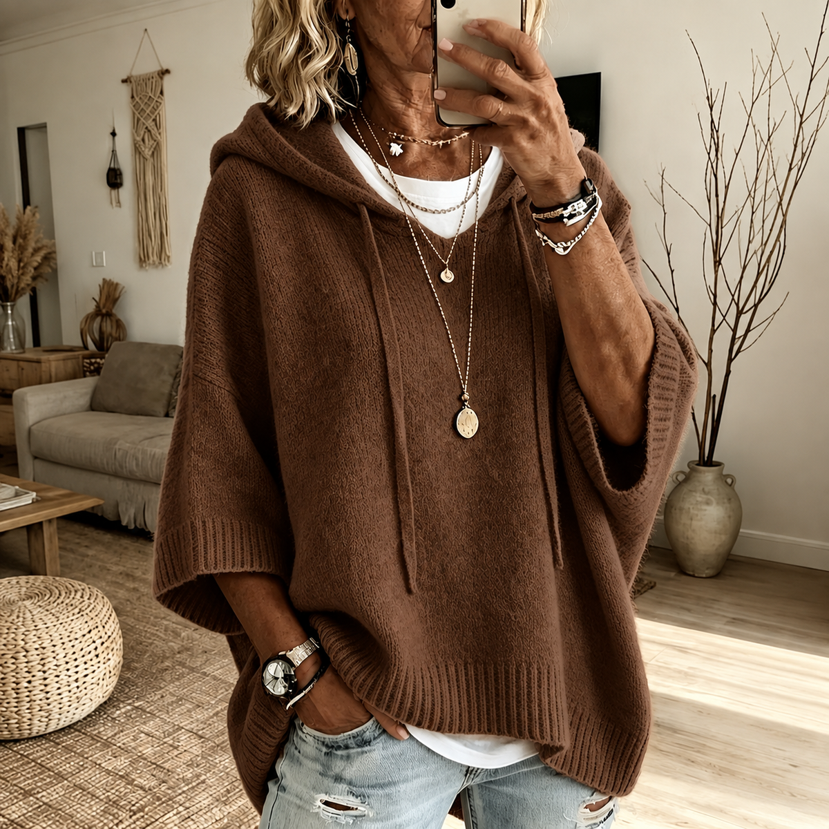 Martha | Brown Hooded Poncho Sweater