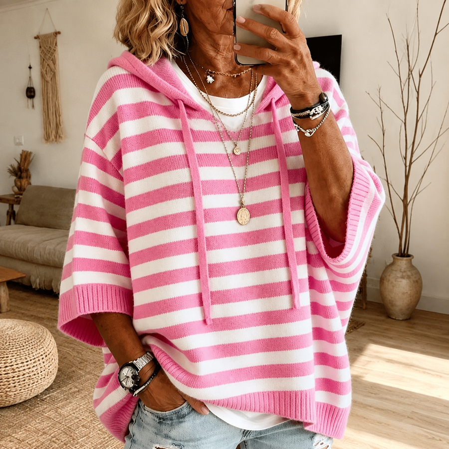 Lucy | Pink Striped Hooded Poncho Sweater