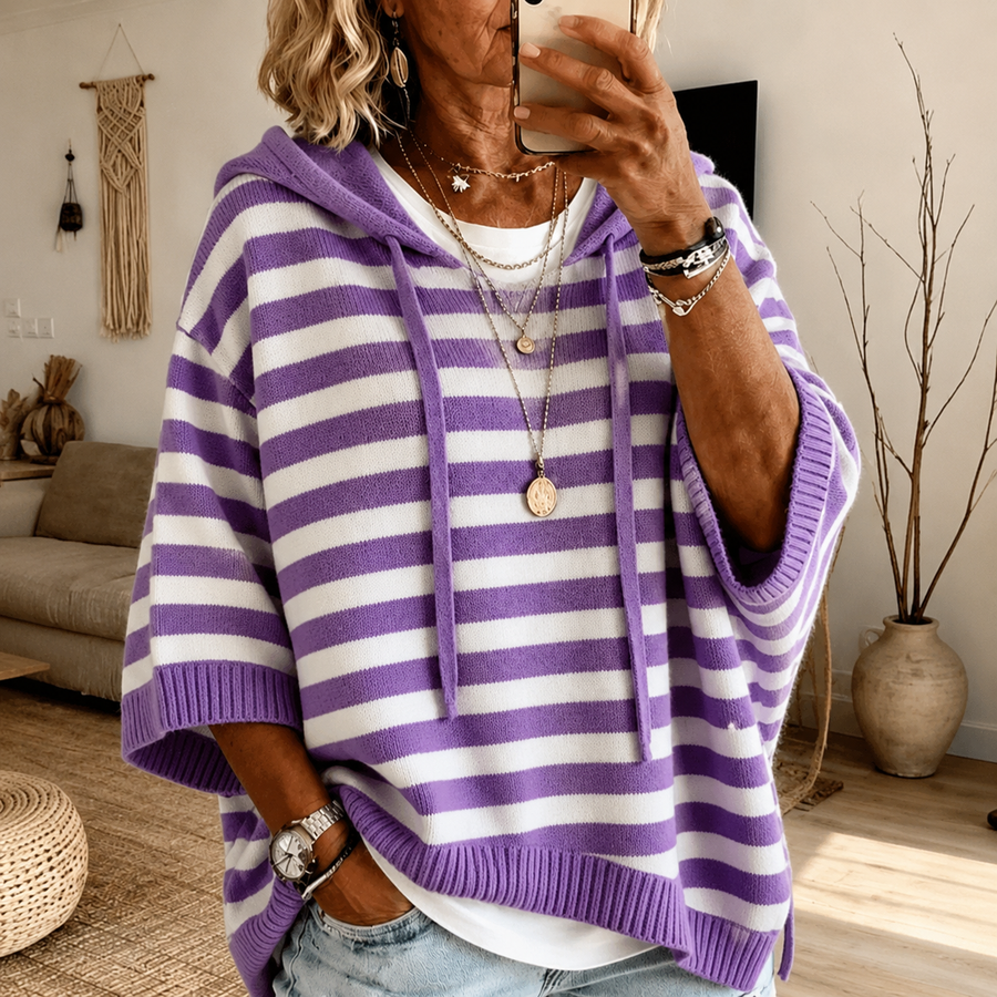 Lorraine | Purple Striped Hooded Poncho Sweater