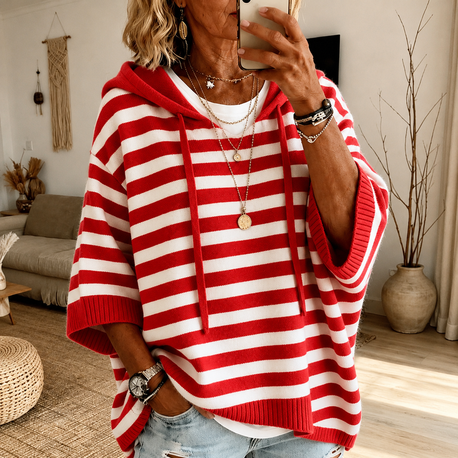 Peggy | Red Striped Hooded Poncho Sweater