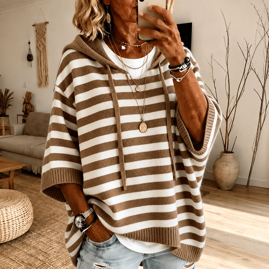 Shirley | Taupe Striped Hooded Poncho Sweater