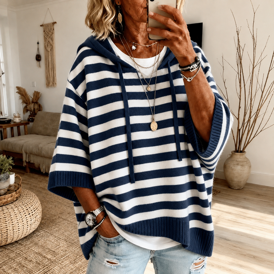 Bonnie | Navy Blue Striped Hooded Poncho Sweater