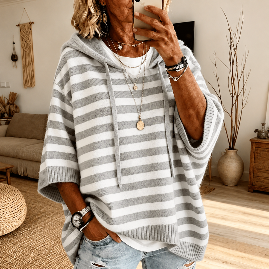 Maggie | Gray Striped Hooded Poncho Sweater