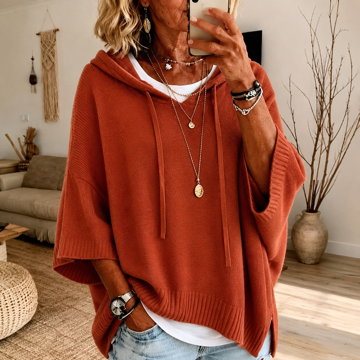 Frances | Terracotta Hooded Poncho Sweater