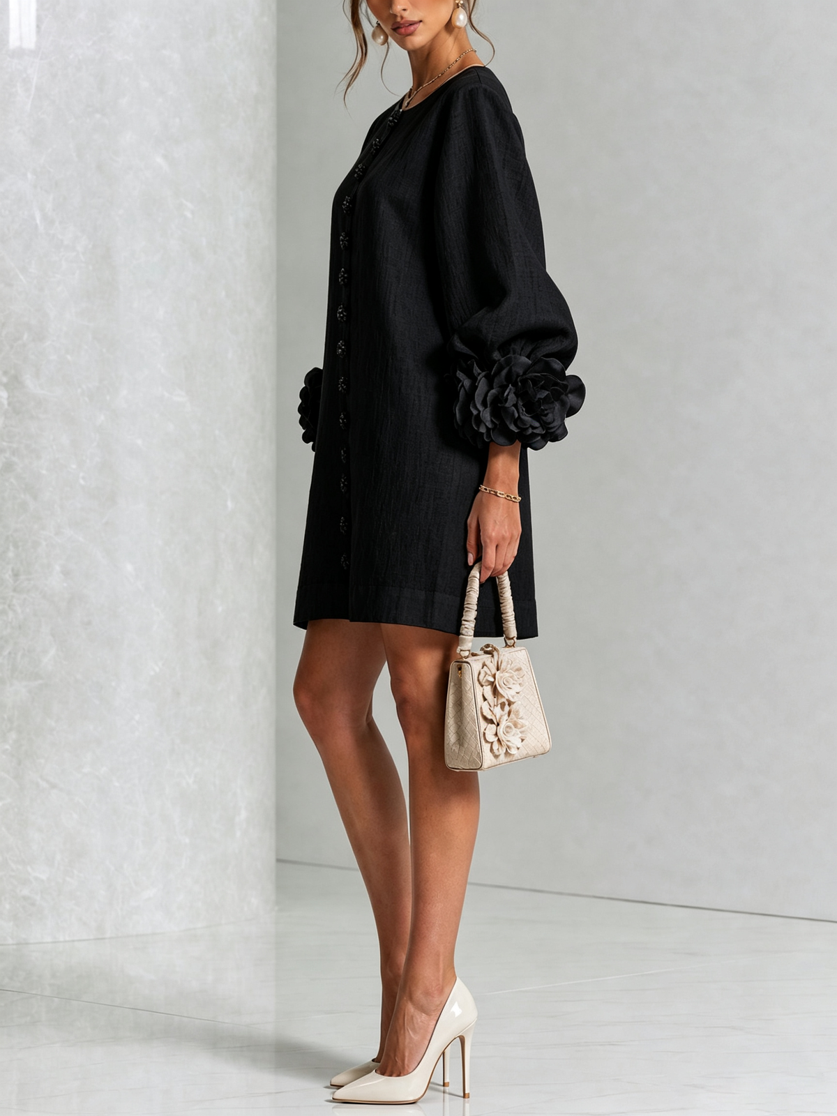 Rosamund | Floral-Cuff Button Mini Dress
