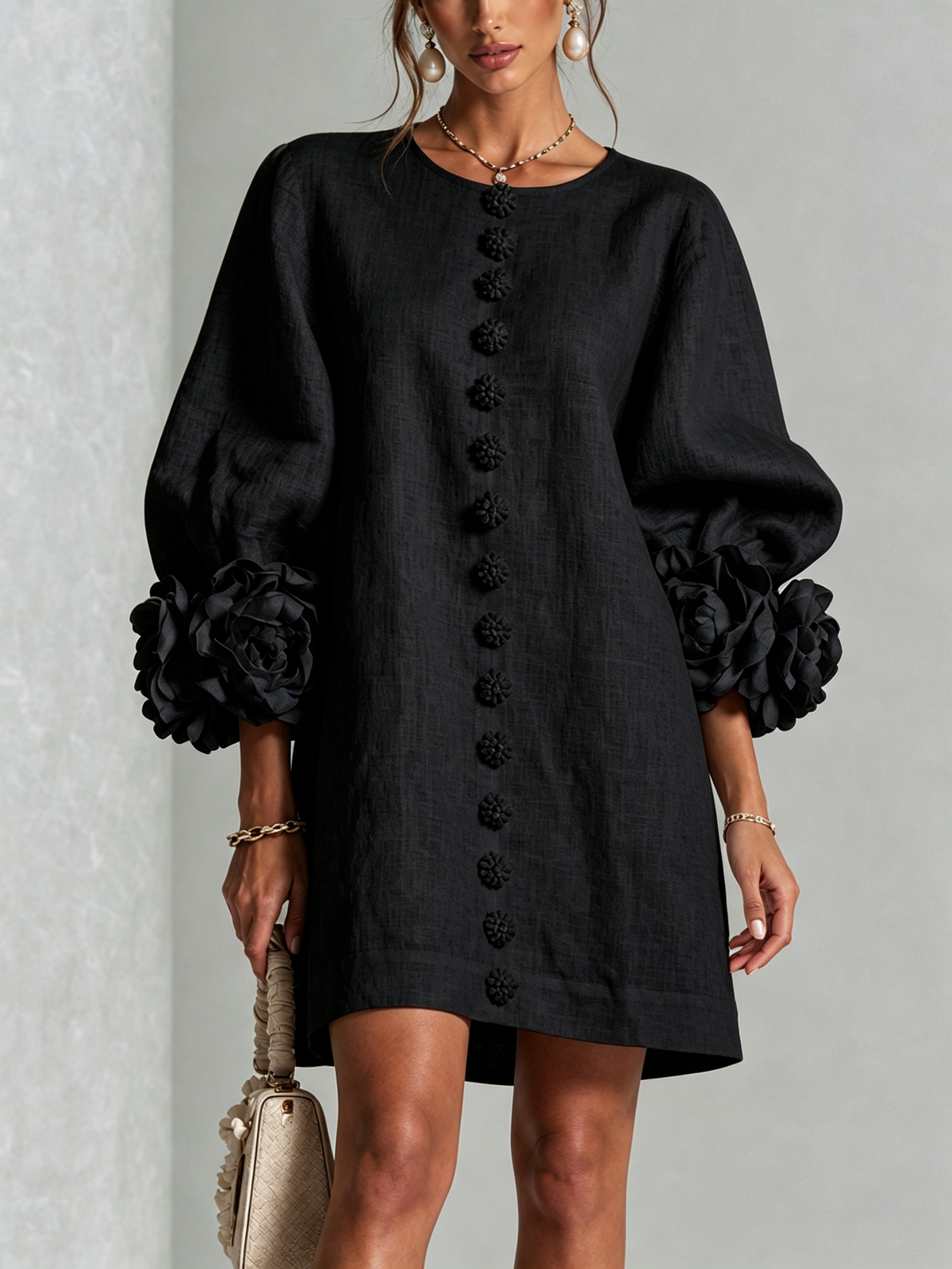 Aurora | Floral-Cuff Button Mini Dress