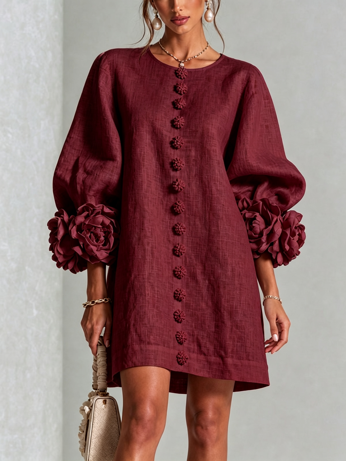 Aurora | Floral-Cuff Button Mini Dress