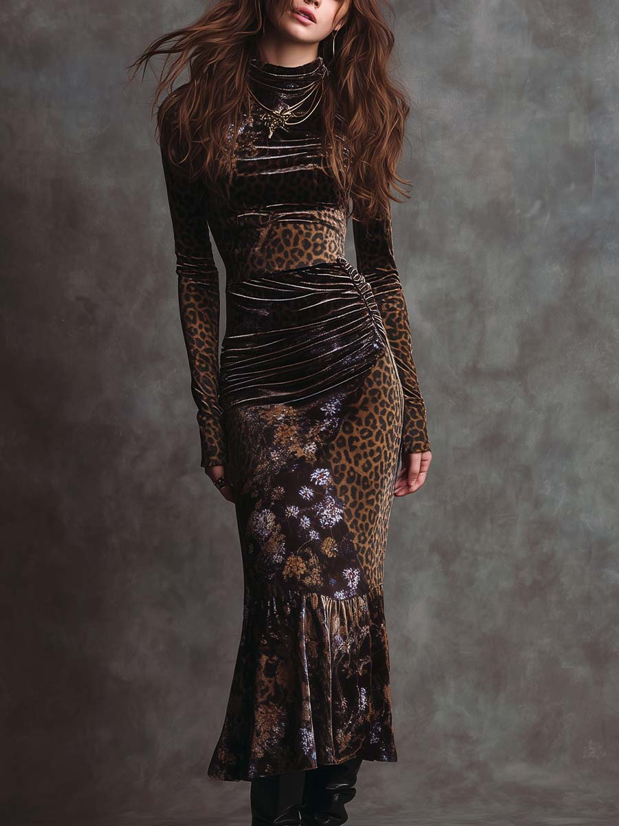 Retro Gothic Leopard Print And Floral Patchwork Velvet Midi Dress