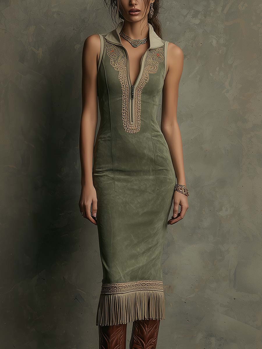 Embroidered Fringe-Hem Sleeveless Midi Dress