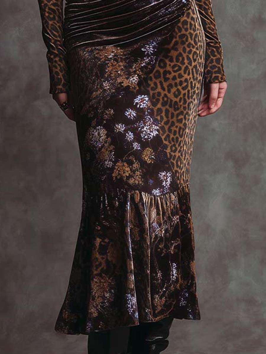Retro Gothic Leopard Print And Floral Patchwork Velvet Midi Dress
