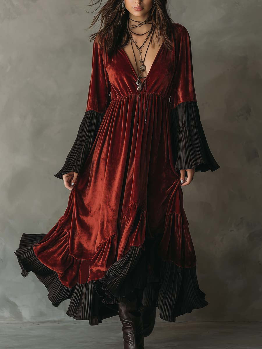 Vintage Pleated Ruffle Hem Polyester Velvet Midi Dress