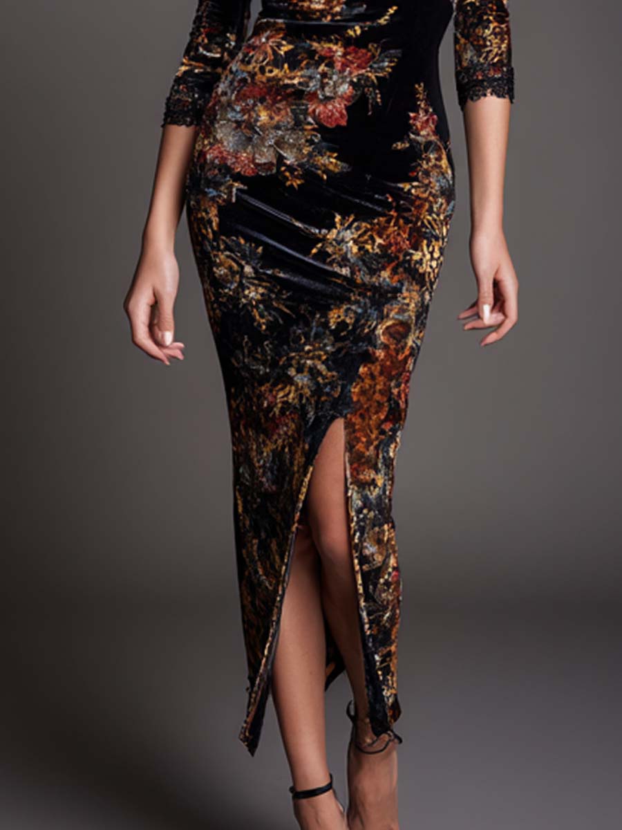 Vintage Lace-trimmed Slit Hem Floral Leopard Print Polyester Satin Midi Dress