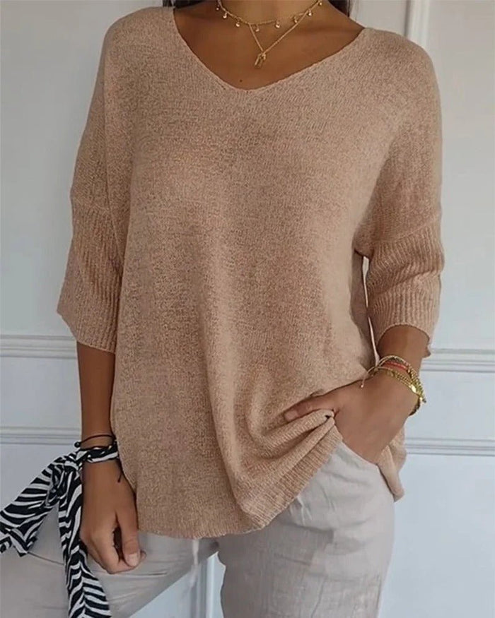 Elena | Soft Knit 3/4 Sleeve V-neck Pullover Sweater